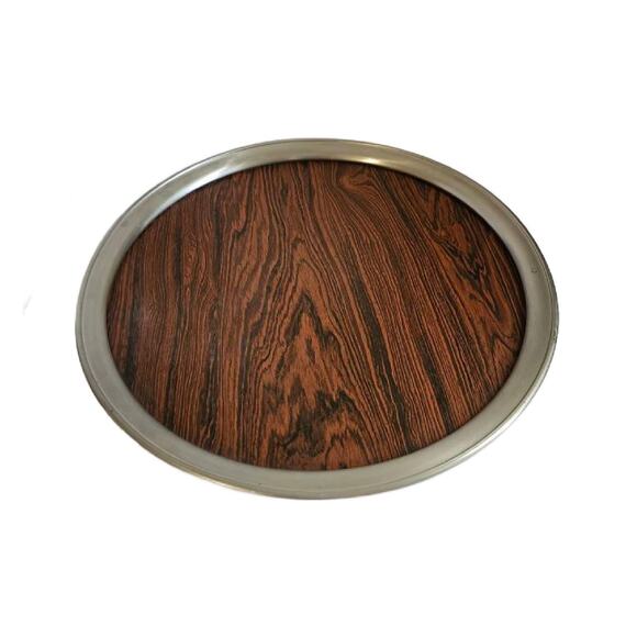 Vintage Formica Woodgrain Cocktail Tray 1960s, 16" Diameter, Pewter Tray - Picture 5 of 10